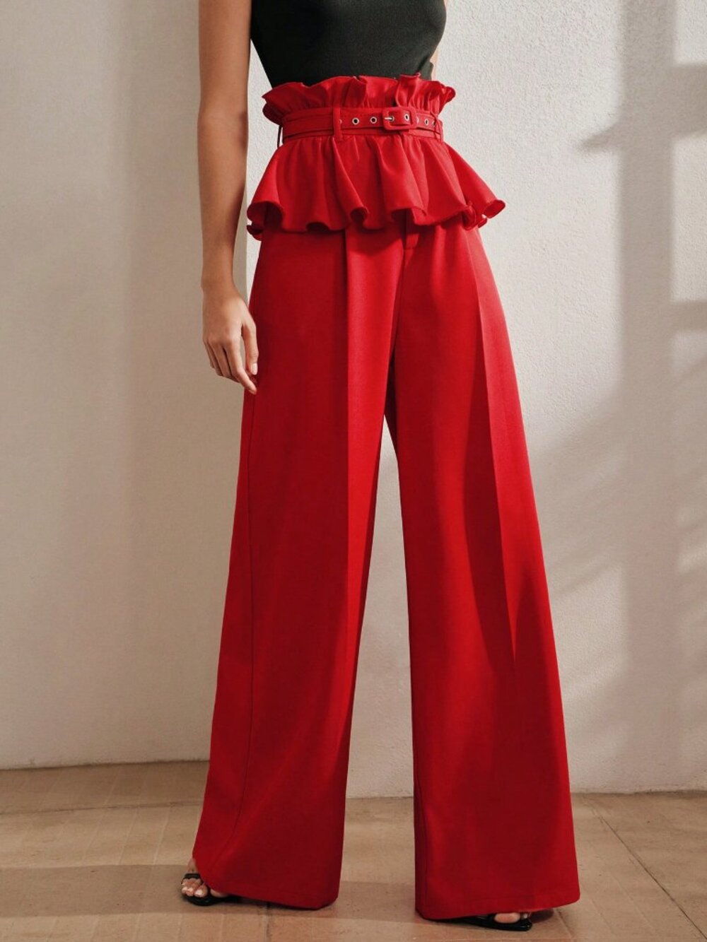 Red elegant Women's High-Waisted Wide Leg Pants - Picture 4 of 7